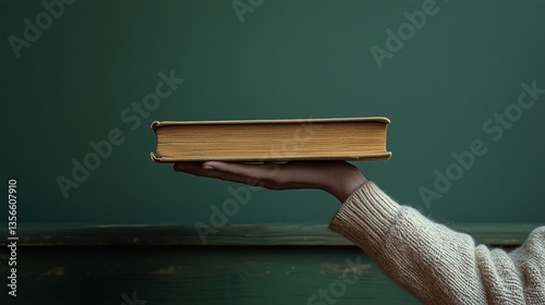 Antique book held on hand against a textured green backdrop, knowledge.
