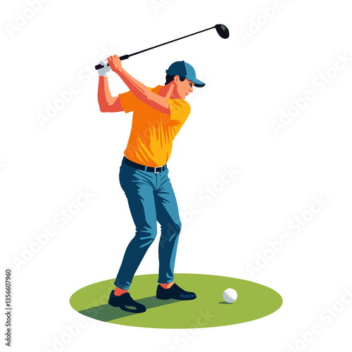 Active golfer swinging a club with a dynamic pose on a green surface