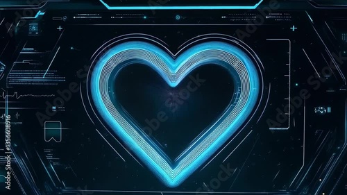 Futuristic glowing heart displayed on a digital interface with holographic effects

