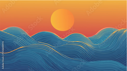 Minimalist sunset over ocean waves, featuring a geometric design that captures the simplicity and beauty of a peaceful sunset over calm seas.