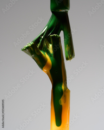 Bright yellow green nail polish flows down the brush, macro, creative background, color mixing    