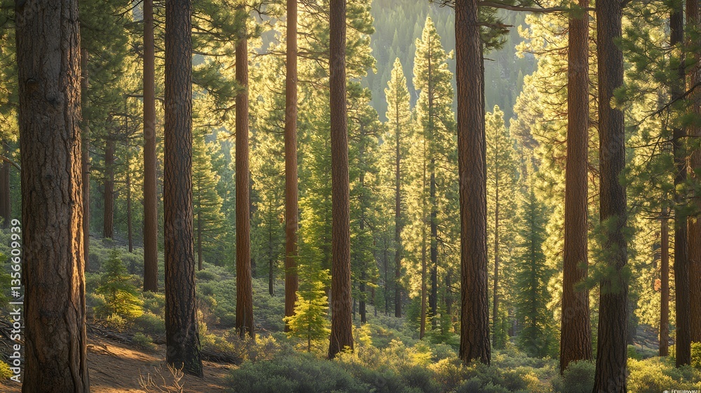 Naklejka premium A dense forest of towering pines dappled in sunlight, exuding a sense of timeless tranquility.