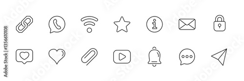Minimalist icon set including communication, media, and social elements - vector.
