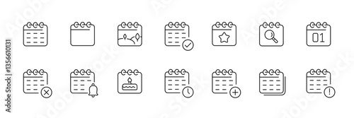 Linear calendar icon set with event and notification symbols for planning - vector.