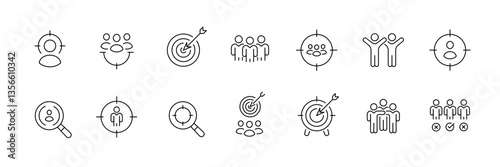 Minimalist business and teamwork icon set with target and people elements - vector.