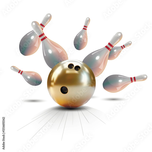 A realistic vector illustration depicting a golden bowling ball striking and scattering shiny pins.