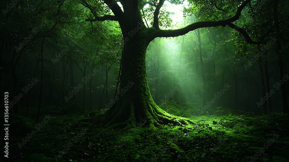 Naklejka premium Sunlight filters through mossy forest canopy