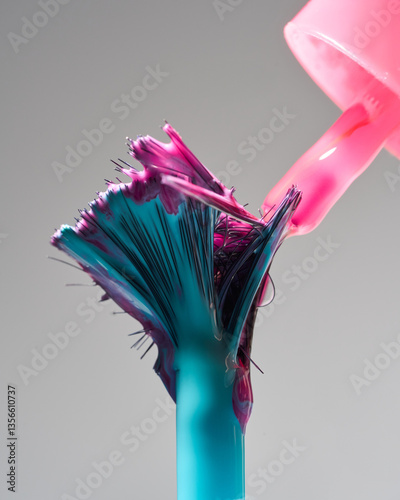 Bright blue and pink nail polish flows down the brush, macro, creative background, color mixing 