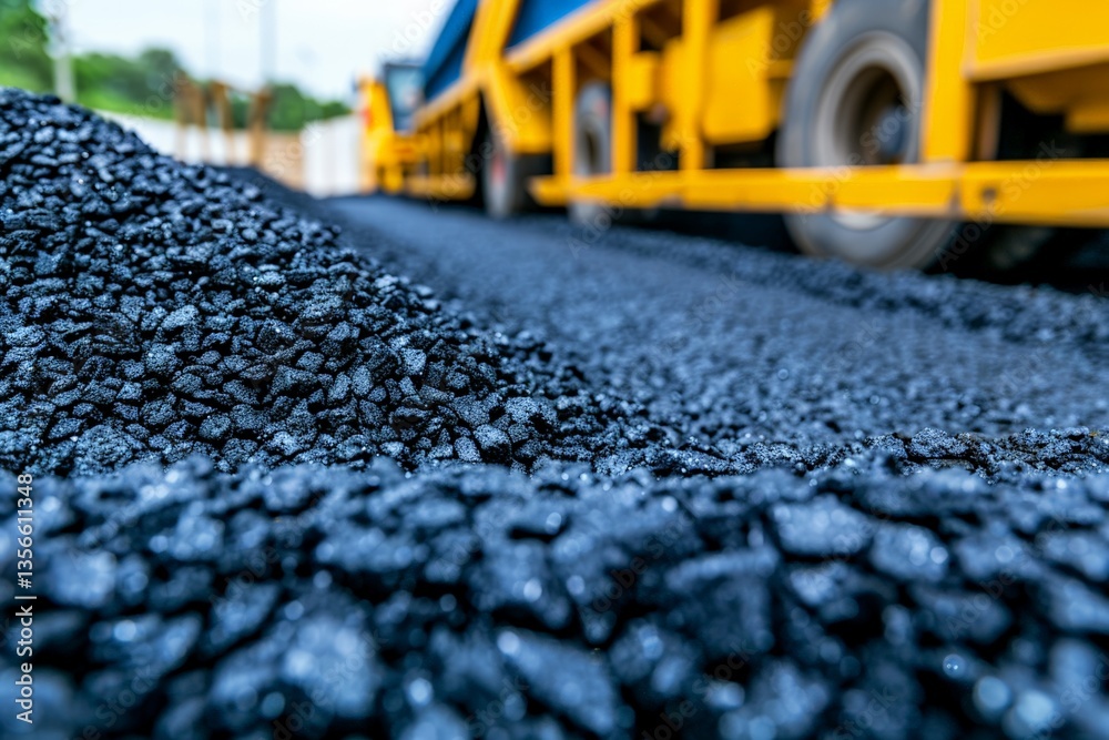 Obraz premium Freshly laid asphalt with paving machine on road construction site