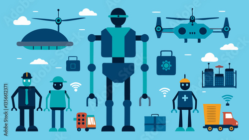 AI generated flat silhouette icons of autonomous drones and robots, including delivery drones, robotic arms, AI security bots, and exploration rovers, ideal for futuristic technology designs.