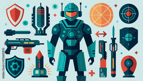 AI generated flat silhouette icons of futuristic weapons and defense systems, featuring laser rifles, AI-targeting systems, exosuits, and energy shields for sci-fi and military design.