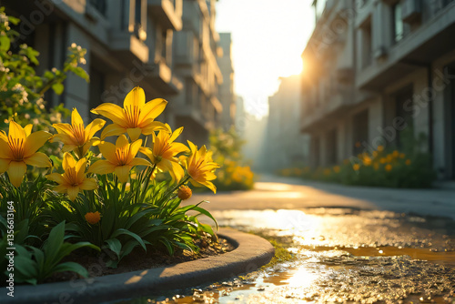 Yellow flowers on a narrow cobblestone street in an old European town at night with charming buildings and windows photo