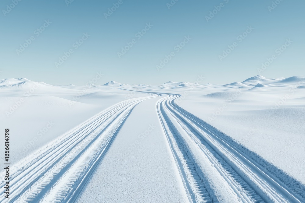 Seasonal Effects on Road Surfaces Concept. Snowy landscape with tire tracks leading into the horizon Seasonal Effects on Road Surfaces Concept. Snowy landscape with tire tracks leading into the horizon
