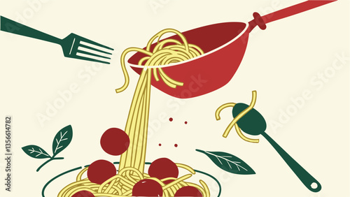 Colander with spaghetti. Pasta with basil and tomatoes with meatballs.Colander with spaghetti. Pasta with basil and tomatoes with meatballs.