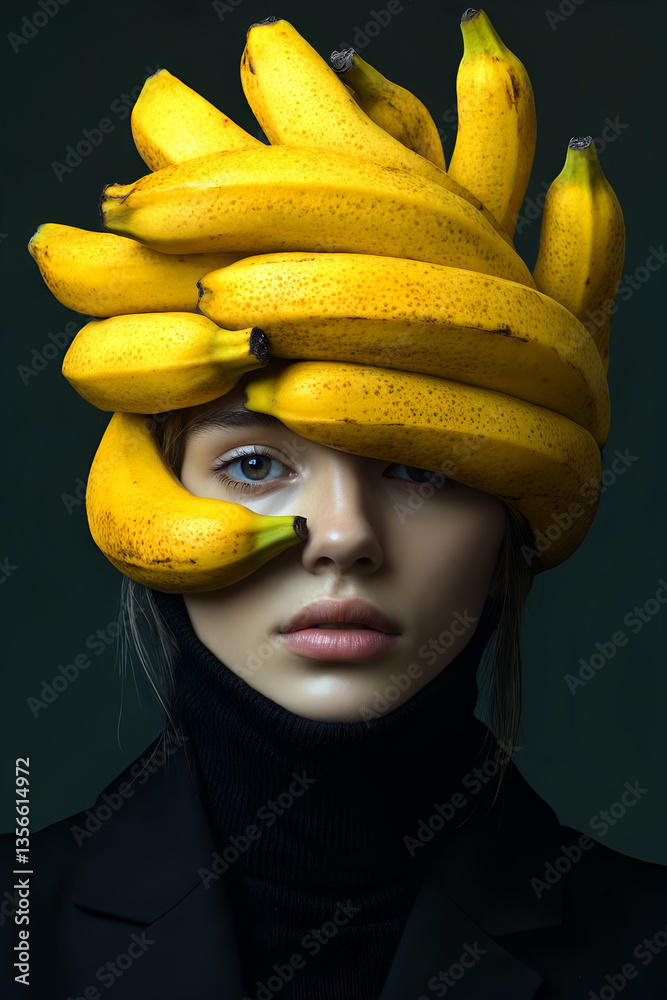 Surreal portrait of woman with creative banana headpiece in black outfit