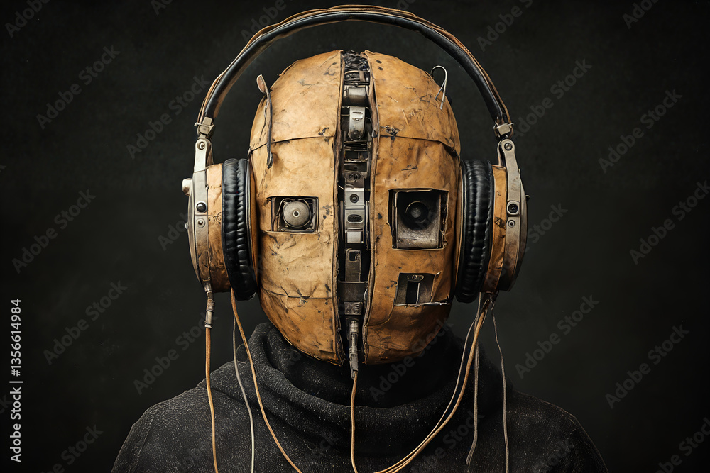 Vintage robot with headphones in dark hoodie - futuristic cyberpunk design with retro elements