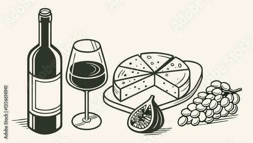 Composition of wine glass, bottle, cheese and grape. Sketch style illustration for poster or invitation to party.