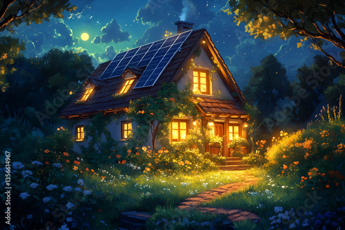 Cozy cottage at night with solar panels and glowing lights in a lush garden under a starry sky