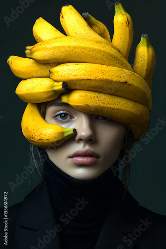 Obraz na płótnie Surreal portrait of woman with creative banana headpiece in black outfit w salonie