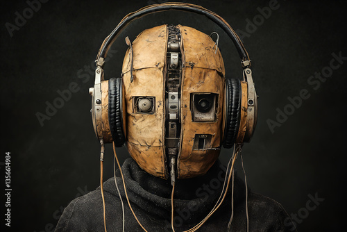 Obraz na płótnie Vintage robot with headphones in dark hoodie - futuristic cyberpunk design with retro elements w salonie