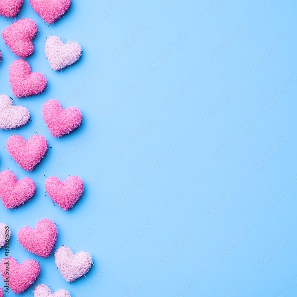 Fototapeta premium Pink and White Fluffy Hearts on Blue Background Valentines Day