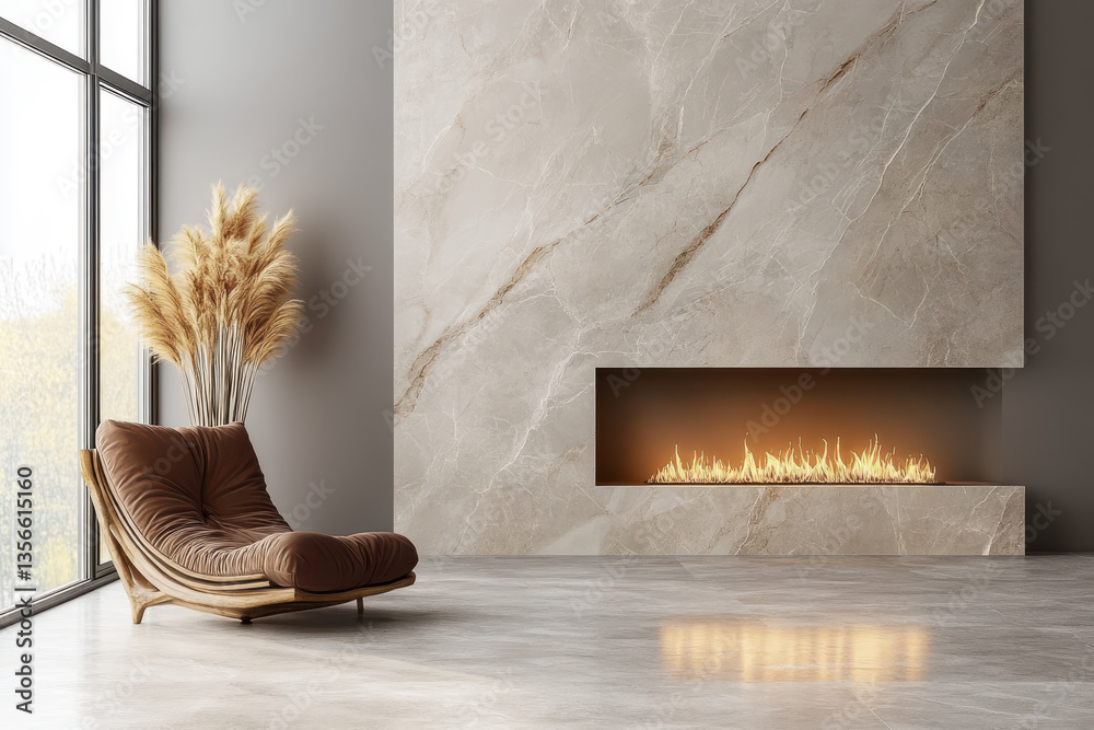 Modern minimalist living room with elegant fireplace and cozy seating