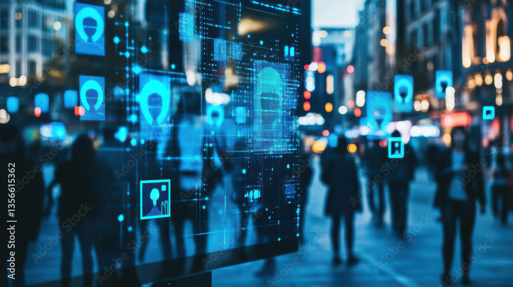 Futuristic urban scene with digital billboards and silhouetted people in a busy city street at night