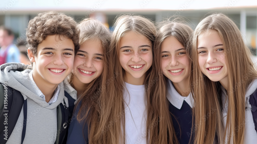 Group of happy youths smiling together outside a modern school setting Group of happy youths smiling together outside a modern school setting