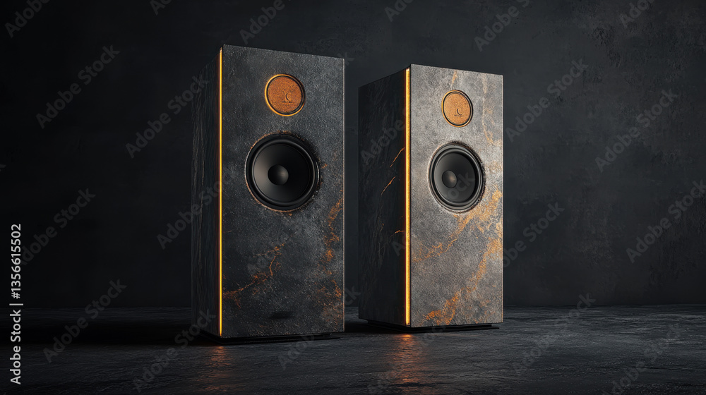 Luxurious marble and wood finish high-fidelity speakers with ambient lighting for premium audio experience in modern home interiors