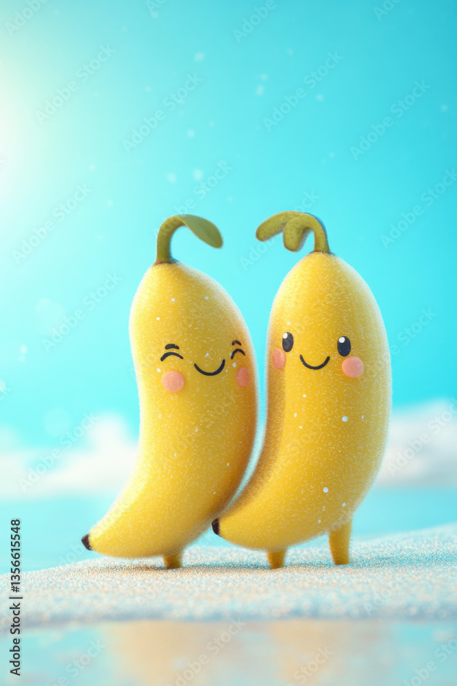 Adorable cartoon bananas with smiling faces in a sunny beach setting under clear blue sky