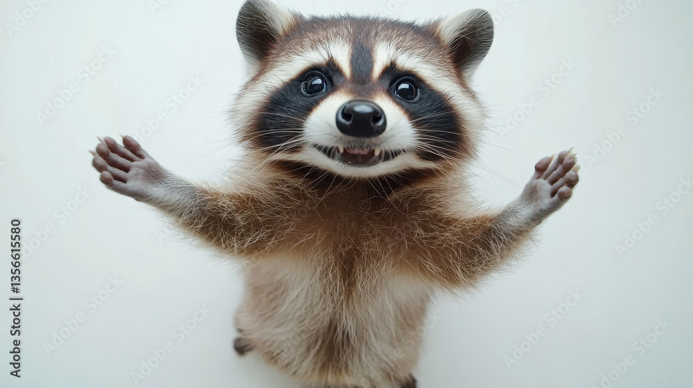 Adorable young raccoon with outstretched paws and curious expression on a plain white background