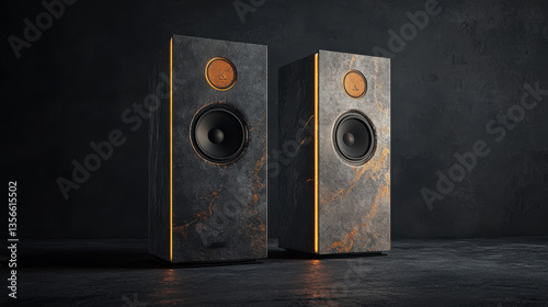 Obraz na płótnie Luxurious marble and wood finish high-fidelity speakers with ambient lighting for premium audio experience in modern home interiors w salonie