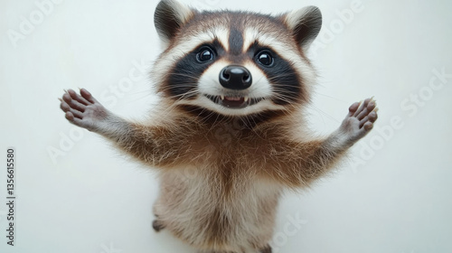 Obraz na płótnie Adorable young raccoon with outstretched paws and curious expression on a plain white background w salonie