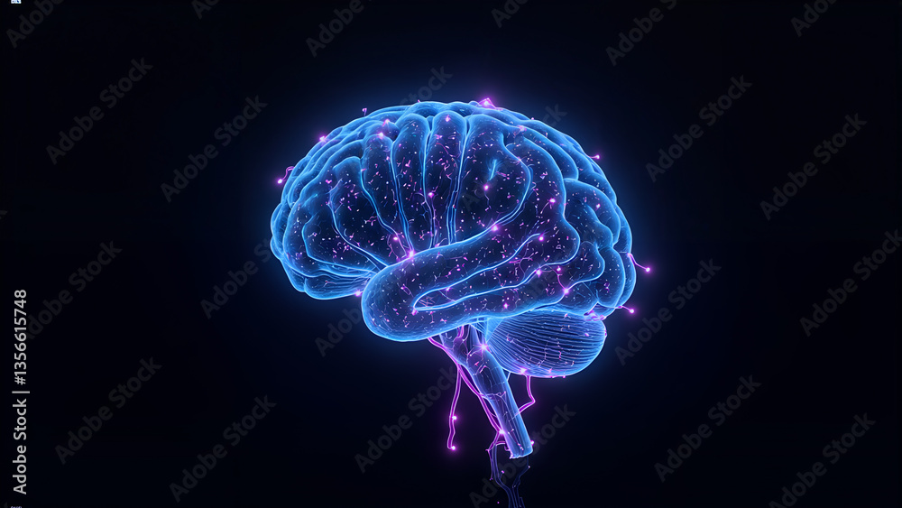 Glowing digital neon brain with neural network connections on dark background, ai concept