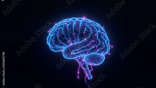 Obraz na płótnie Glowing digital neon brain with neural network connections on dark background, ai concept w salonie