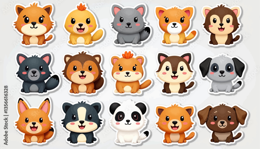 Cute cartoon animals characters in a playful and colorful style for stickers design
Cute cartoon animals characters in a playful and colorful style for stickers design