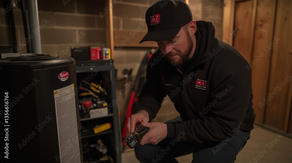 © Erzsbet - Professional Technician Inspecting a Modern Furnace in a Well-Lit Basement