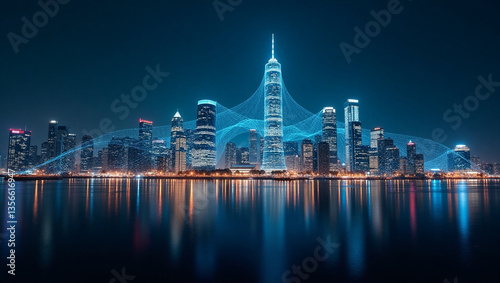 A futuristic city skyline at night with holographic neural connections superimposed on buildings. The glowing blue and gold network represents smart cities