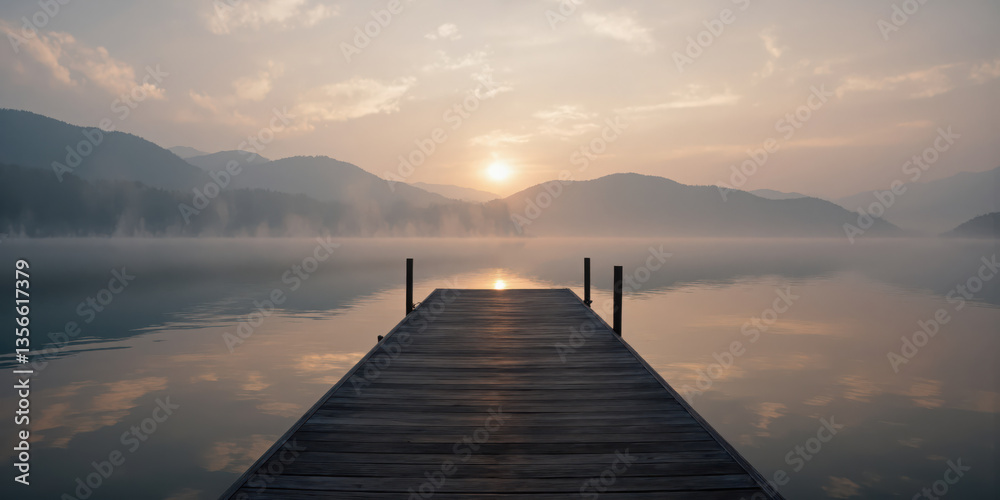 Obraz premium Sunrise Over Foggy Lake Dock A medium shot of a wooden dock jutting into a calm lake, partially cloaked