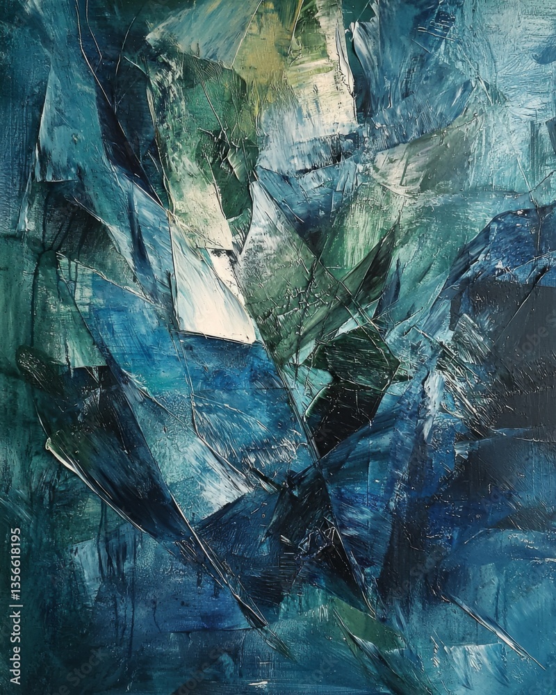 Obraz premium An abstract composition where fractured shards of metallic texture intertwine with smooth, flowing brush strokes of cool blues and greens.