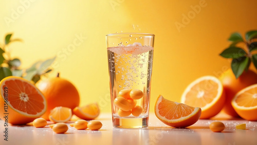 A contemporary still life of effervescent vitamin C tablets dissolving in a crystal clear glass of water. Tiny bubbles rise to the surface as fresh citrus oranges are placed around the scene.