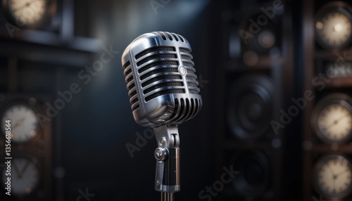 A vintage microphone stands ready waiting for its next performance in a retro studio with soft focused light.