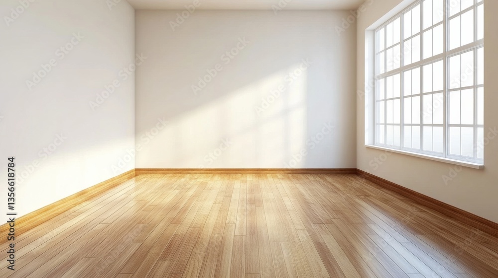 Obraz premium Bright and Airy Empty Room with Wooden Floor and Large Window