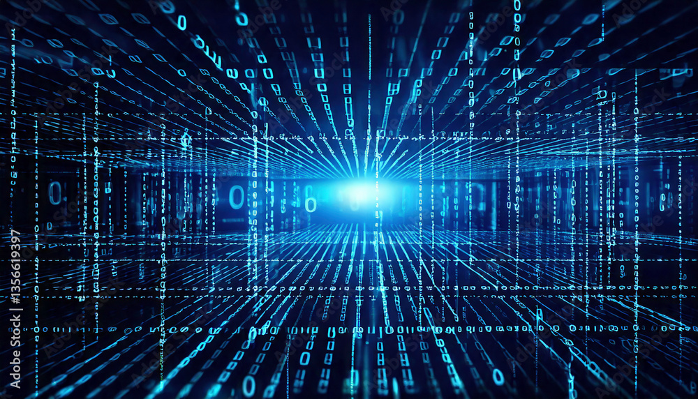 Obraz premium Abstract Digital Data Stream Binary Code, Cyber Space, Matrix Tunnel