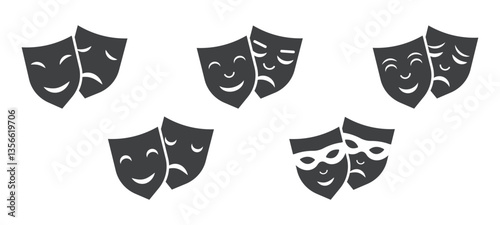 Vector Drama masks icons collection. Comedy, Drama and Theater Symbols isolated on white.