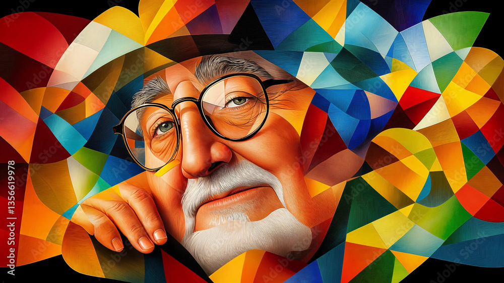 Geometric shapes and bold colors create a striking visual contrast with the subject's face.