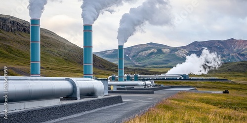 utility sustainability optimization concept. Industrial site with steam emissions against a mountainous backdrop.
