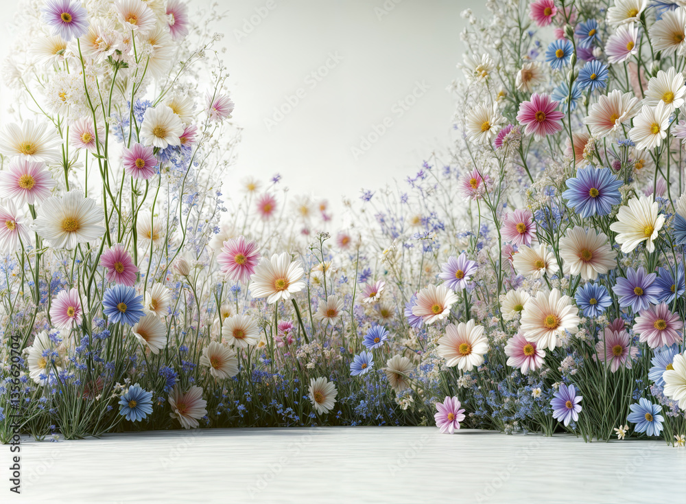 A vibrant display of pastel-colored flowers, including cosmos, daisies, and small wildflowers, creates a cheerful and inviting scene.