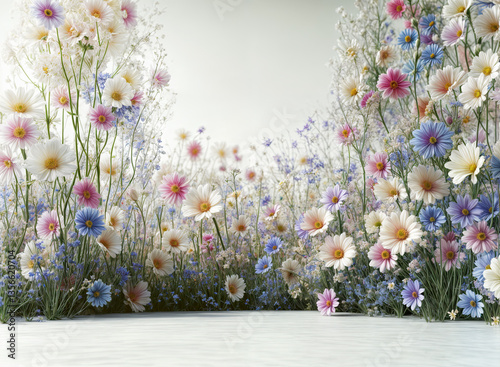 Obraz na płótnie A vibrant display of pastel-colored flowers, including cosmos, daisies, and small wildflowers, creates a cheerful and inviting scene. w salonie