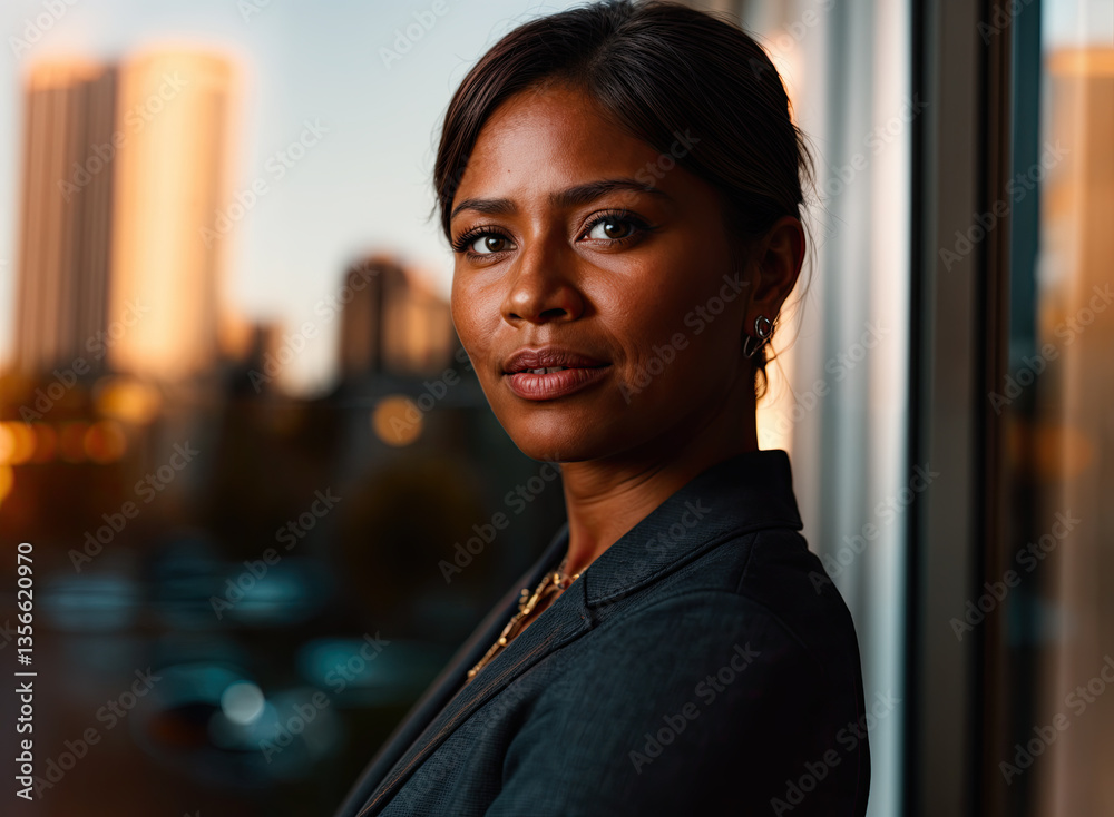 A confident woman, poised and professional, gazes directly at the camera.
